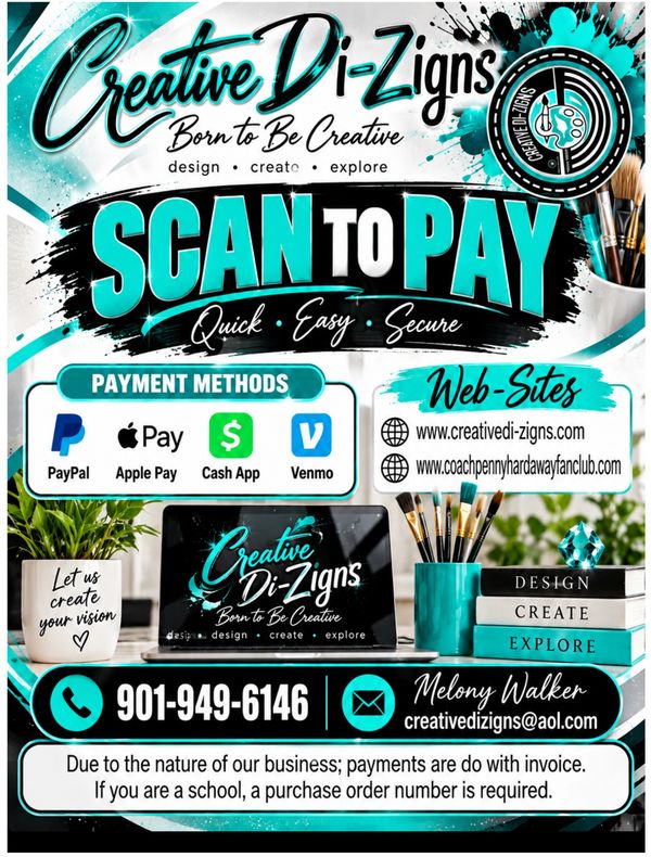 Business flyer for Creative Di-Zigns featuring scan-to-pay options and contact info.