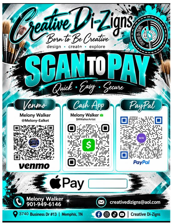 Creative Di-Zigns payment options with QR codes for Venmo, Cash App, and PayPal.