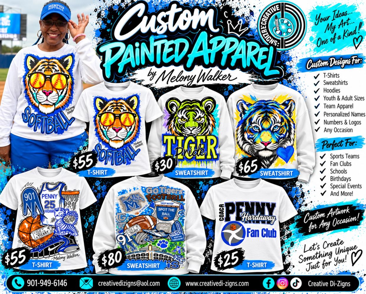 Custom painted apparel by Melony Walker with various sports-themed designs.