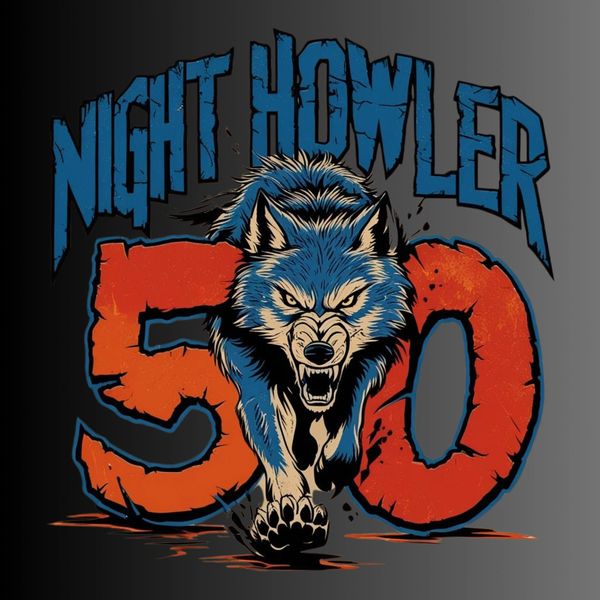 A fierce blue wolf emerging through large red numbers with 'Night Howler' text above.