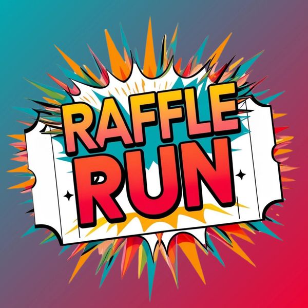 Colorful graphic with the words 'Raffle Run' in bold comic-style text.