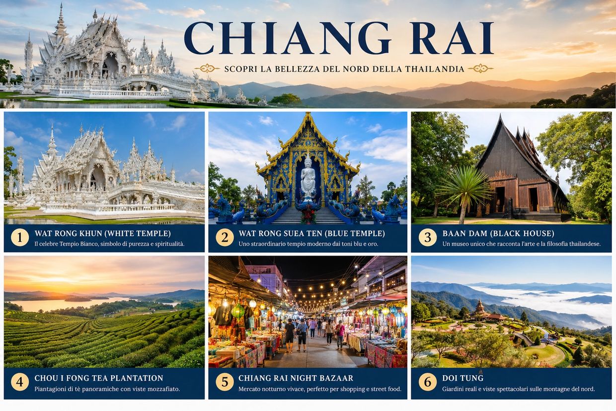 Chiang Rai's top attractions include stunning temples, tea plantations, lively markets, and scenic mountain views.