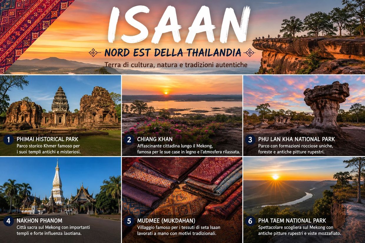 Scenic highlights of Isaan, Northeast Thailand, showcasing culture, nature, and authentic traditions.