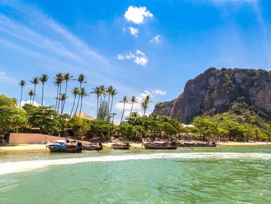 Tropical beach with boats, palm trees, and a mountain under a bright blue sky.