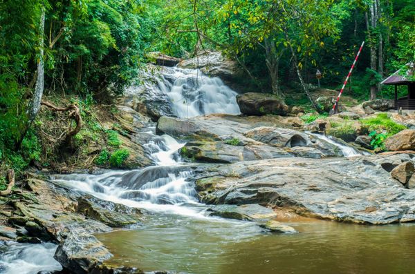 A serene waterfall cascading over rocks surrounded by lush greenery.
