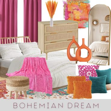 Boho room; bohemian room; pink and orange room; girls bedroom; rattan dresser; tall mirror