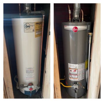 Side-by-side comparison of an old and a new Rheem water heater installed in the same space.