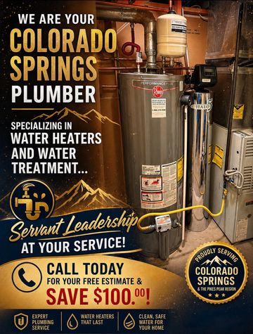 Advertisement for Colorado Springs plumber specializing in water heaters and water treatment.