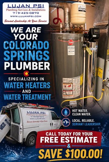 Plumbing service ad for Colorado Springs specializing in water heaters and treatment.