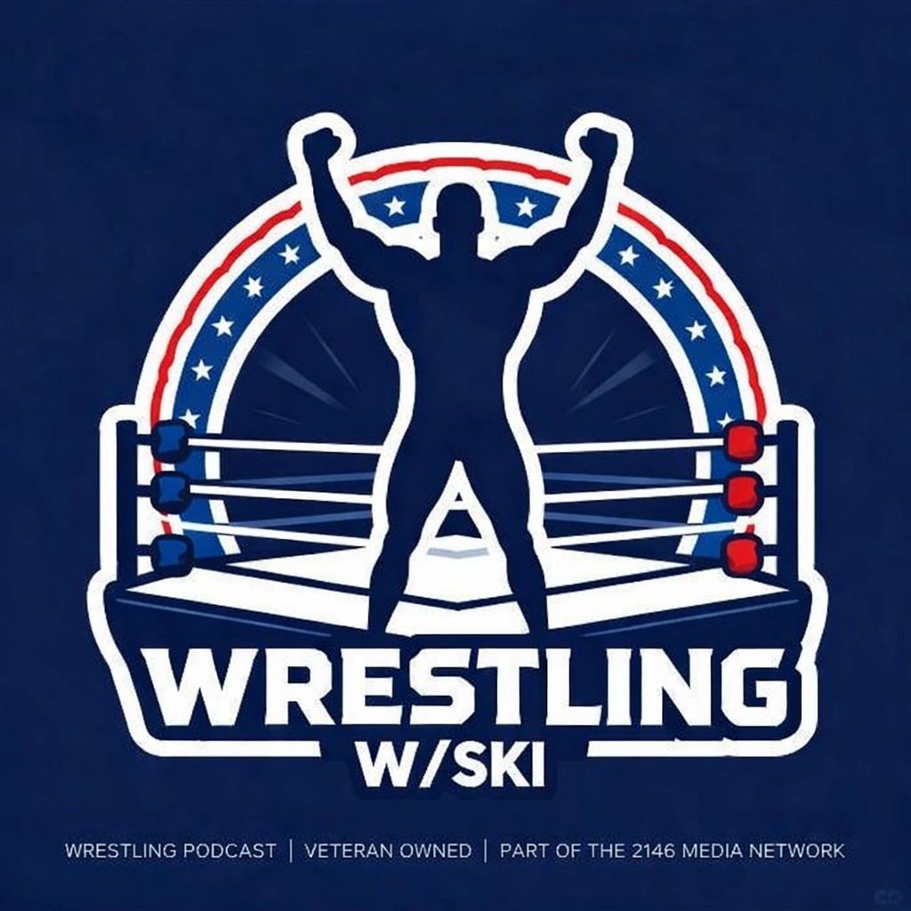 Podcast logo with wrestler silhouette and ring.