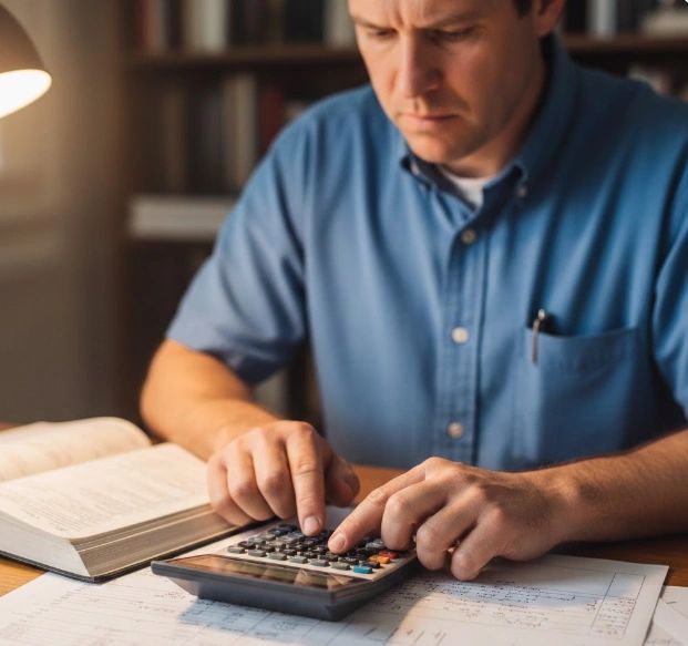 Man in blue shirt using calculator with open book and papers.