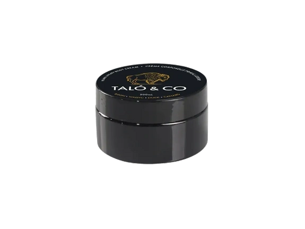 Black jar of Talò & Co cream conditioner with gold logo and text.