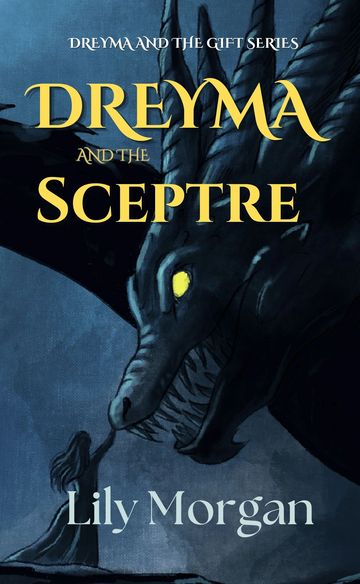 A girl strokes a large dragon with yellow eyes - the cover of Dreyma and the Sceptre