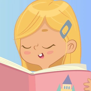 Cartoon girl happily reading a book with a castle on the cover.