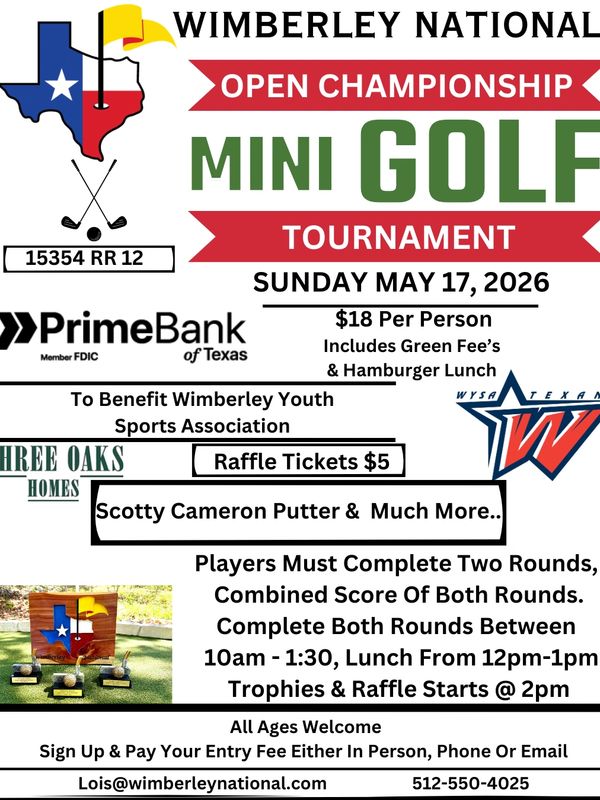 Flyer for Wimberley National Mini Golf Open Championship on May 17, 2026.