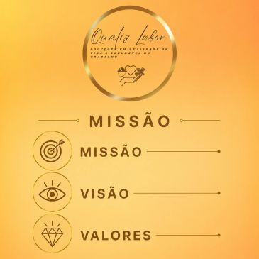 Design with mission, vision, and values icons on a golden background.