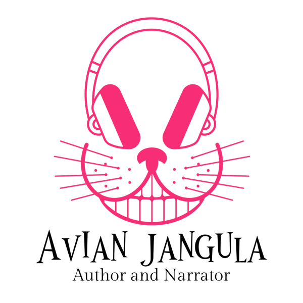 Hot Pink logo for Avian Jangula Author and Narrator with a Cheshire Cat smile and headphones for eye