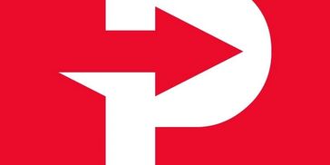 White arrow forming a stylized 'P' on a red background.