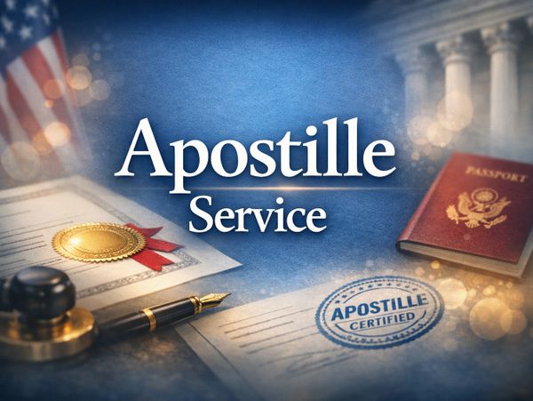 Apostille service with official documents, a passport, and seal stamp.