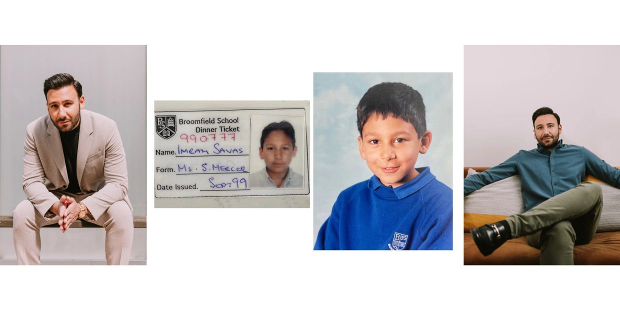 A man poses for portraits and a childhood school ID and photo are shown.