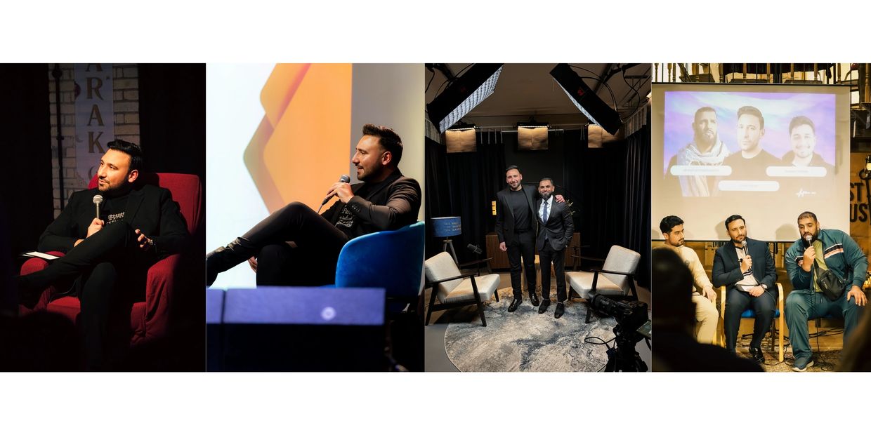 Men speaking and posing in professional and casual interview settings with microphones.