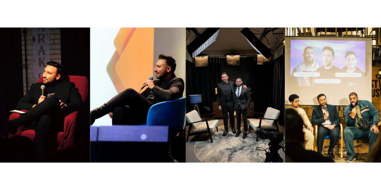 Men speaking and posing in professional and casual interview settings with microphones.