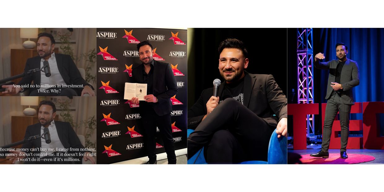 Man in a suit engaged in interviews, book promotion, and a TEDx talk.