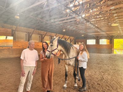 Three people stand with a horse inside a sunlit indoor riding arena.
