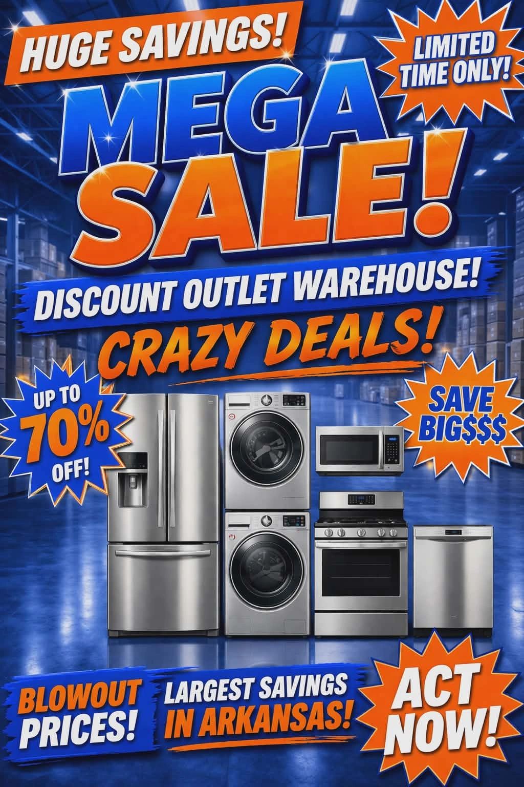 Mega sale on appliances with up to 70% off at Discount Outlet Warehouse.