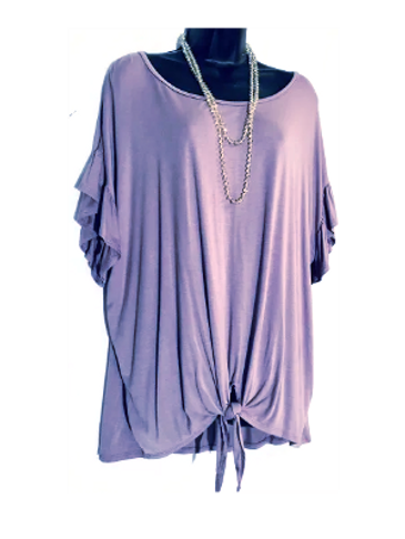 Purple loose blouse with ruffled sleeves and front tie detail.
