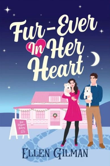 Romantic book cover with couple and their dogs in front of a cozy house.
