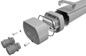 Exploded view of a mechanical component with screws and connectors.
