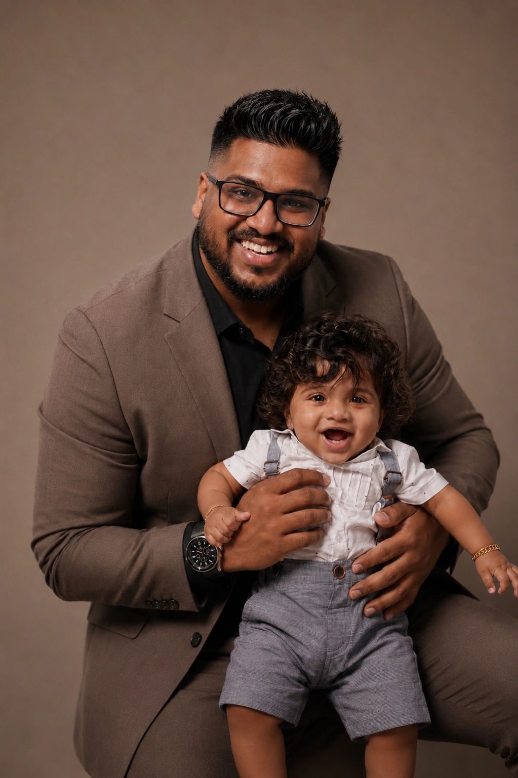 Smiling man holding happy baby dressed in suspenders.