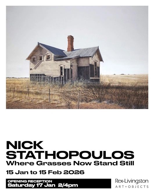 Nick Stathopoulos promo tile for exhibition, Where Grasses Now Stand Still, Jan /Feb 2026