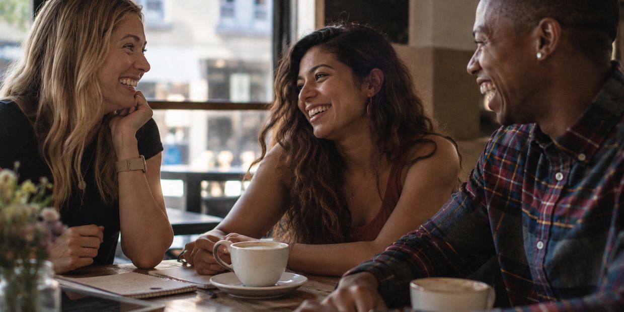 Three friends happily chatting over coffee at a cafe.