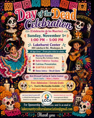 Day of the Dead Celebration poster with event details and colorful artwork.