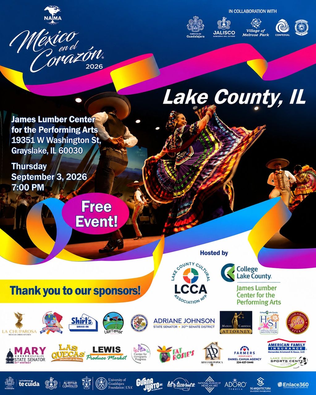 Mexico en el Corazon 
at the College of Lake County IL
 James Lumber Center
Thursday Set 3rd 
5pm- 9