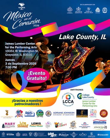 Promotional flyer for a free cultural event in Lake County, IL, celebrating Mexican heritage.