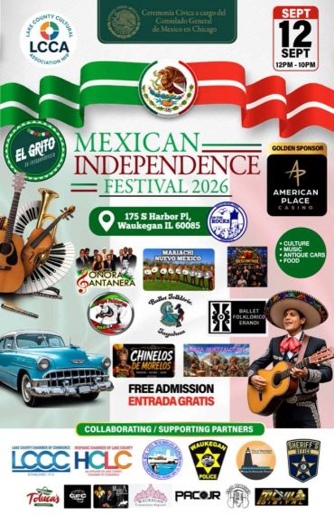 Flyer for Mexican Independence Festival 2026 in Waukegan, IL.