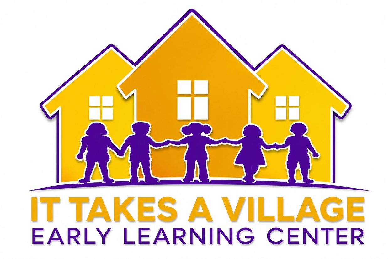 Logo of It Takes a Village Early Learning Center with children and houses.