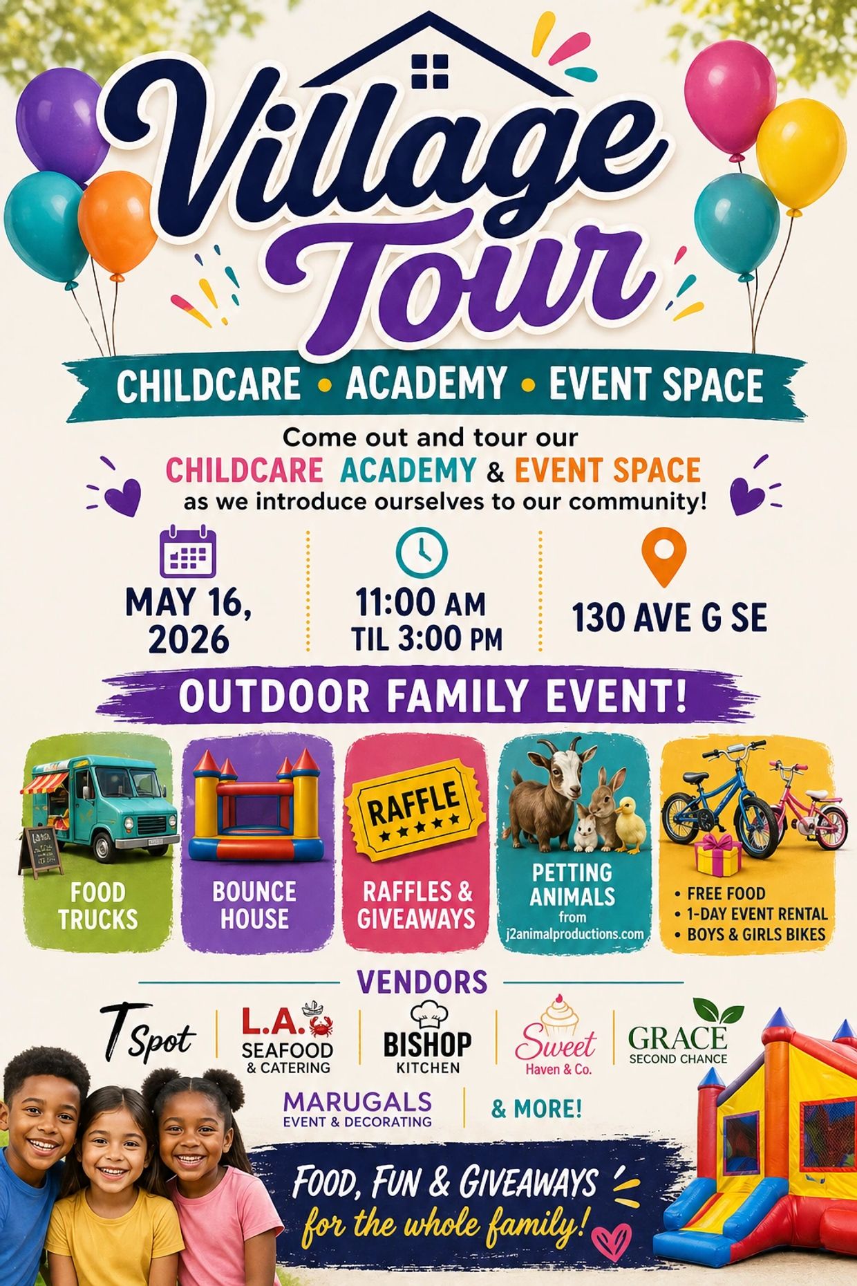 Colorful flyer for Village Tour event with food trucks, bounce house, petting animals, and giveaways.