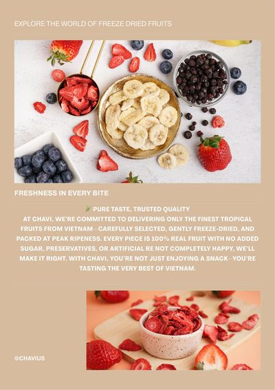 Assorted freeze-dried tropical fruits displayed with fresh strawberries and blueberries.