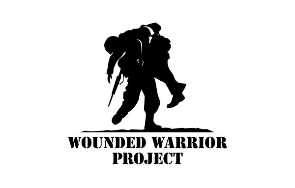 Silhouette of soldier carrying wounded comrade, Wounded Warrior Project logo.