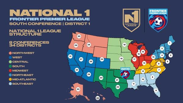 Map of National 1 Frontier Premier League showing South Conference District 1 regions.