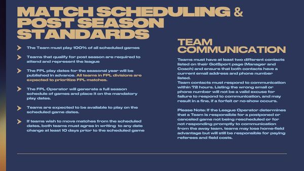 Poster outlining match scheduling and team communication standards for a sports league.