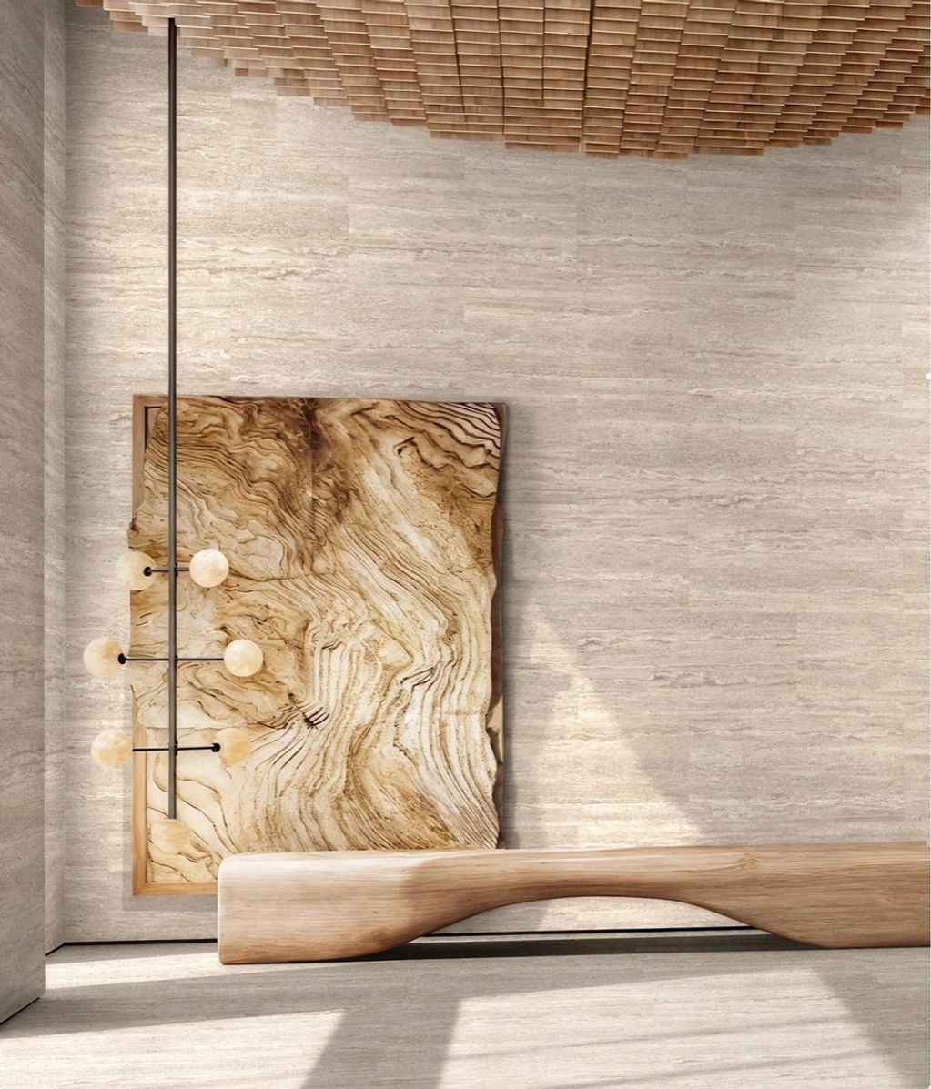 Minimalist room with wooden elements and modern lighting.