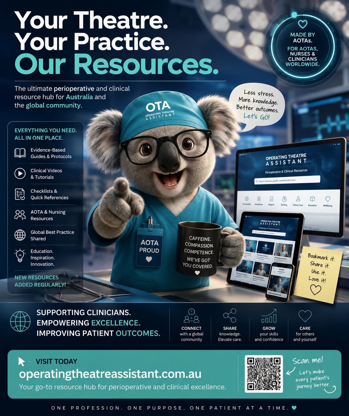 A koala in surgical scrubs promoting operatingtheatreassistant.com.au for perioperative resources.
