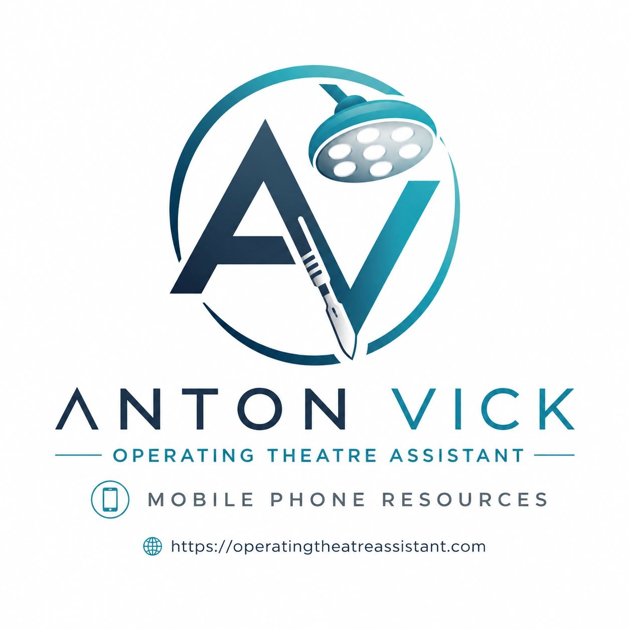 Logo for Anton Vick, Operating Theatre Assistant with surgical and mobile themes.