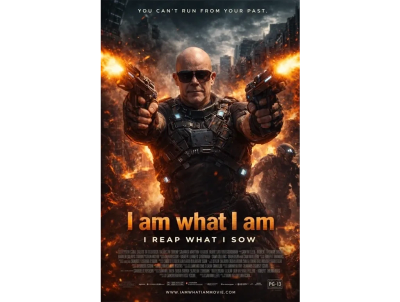 Action movie poster with a heavily armed man and fiery background.