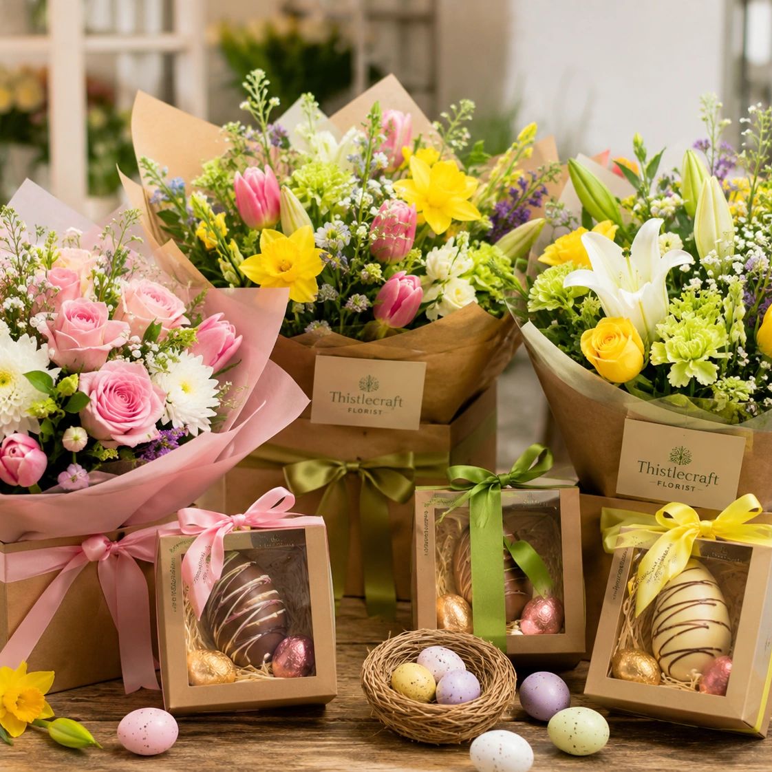 Flower bouquets with Easter chocolates and decorated eggs.
